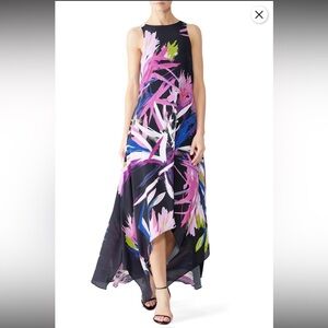 Josie Natori Black and Pink Prism Silk Abstract Floral Maxi Dress Size 6